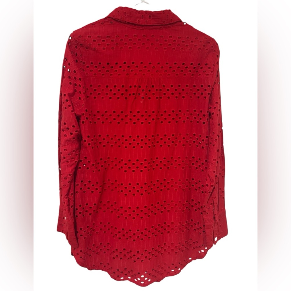 Boston Proper cherry Red schiffli Eyelet collared long sleeve Button-Up Shirt - Picture 2 of 4